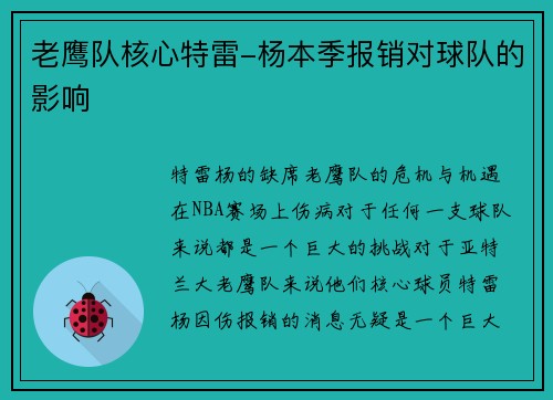 老鹰队核心特雷-杨本季报销对球队的影响