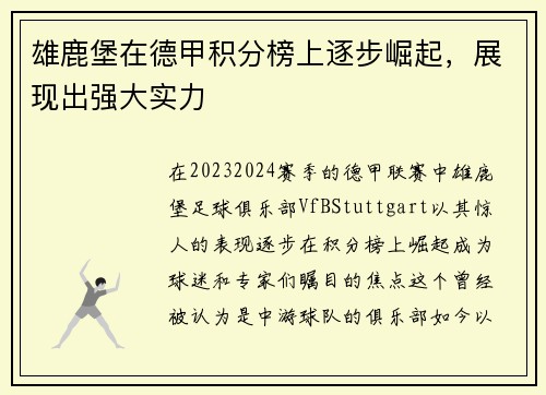 雄鹿堡在德甲积分榜上逐步崛起，展现出强大实力